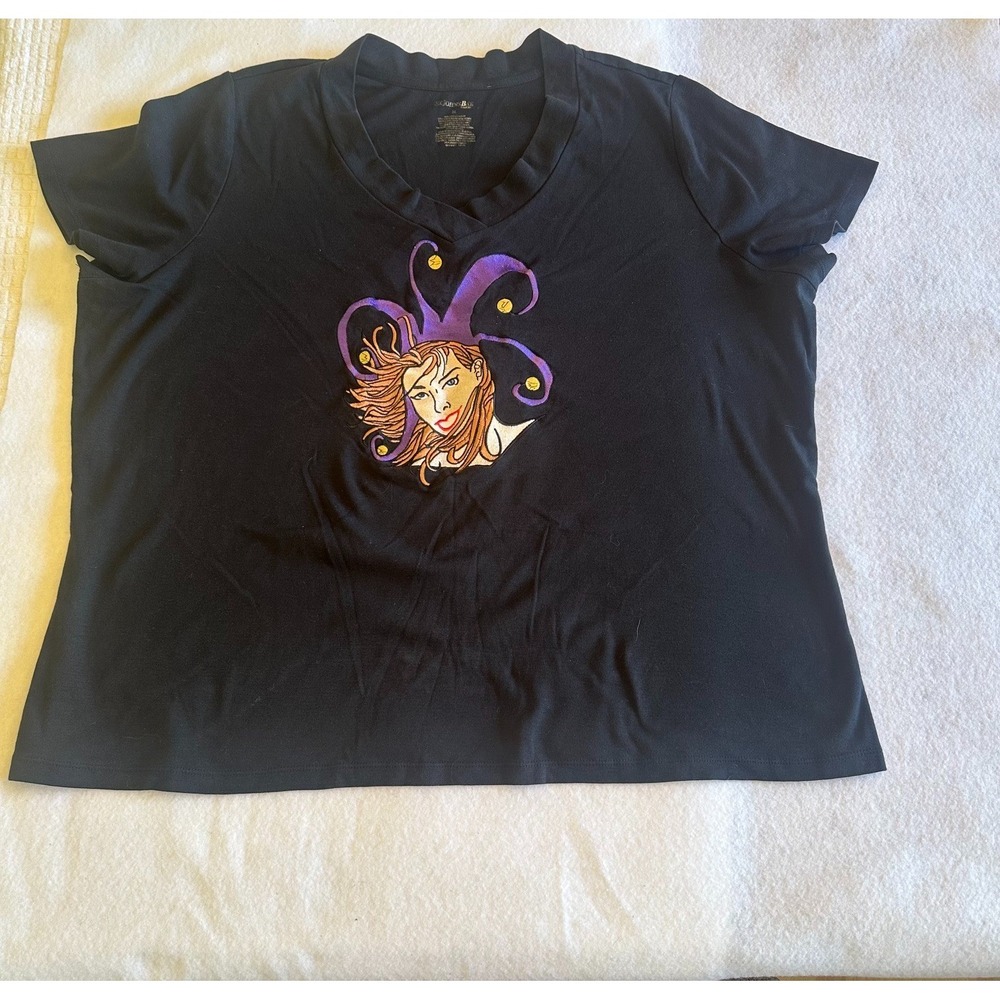 St Johns Bay Womens Jester Graphic T Shirt Black 3X  V Neck Embroidered Cotton